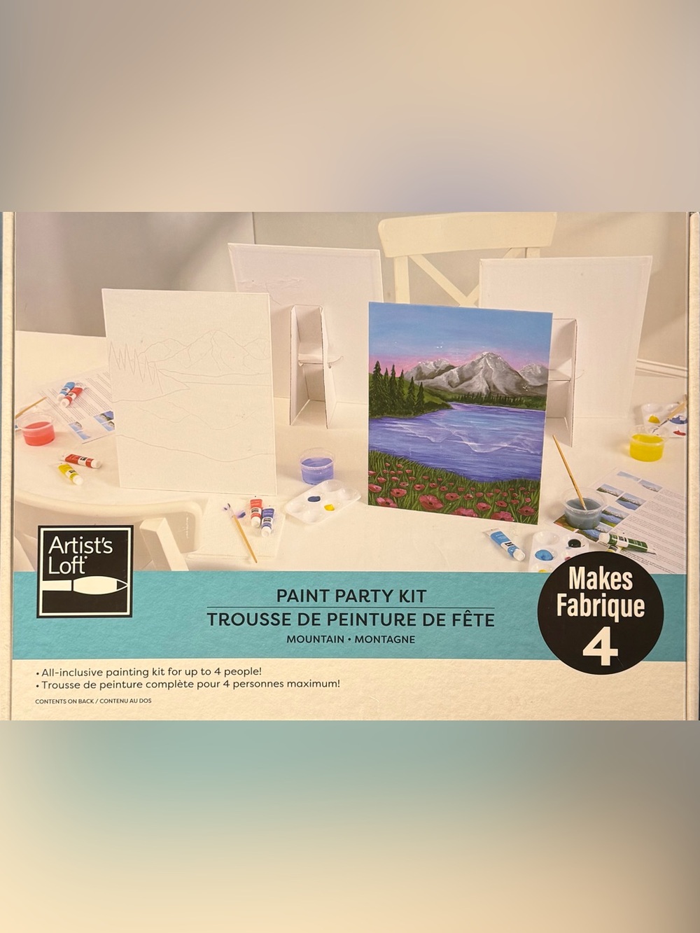 Paint Party Kit - Mountain Canvas Set with Blue Lake and Pink Flowers